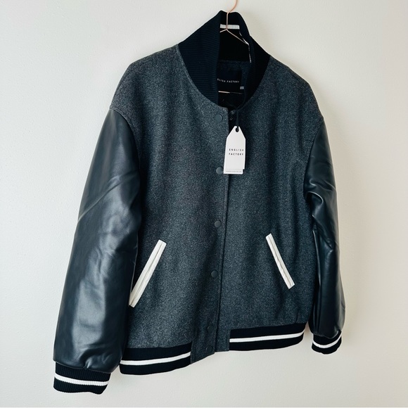 New ENGLISH FACTORY Mixed Media Baseball Collar Bomber Jacket Black - Picture 6 of 11